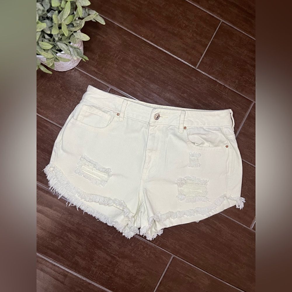 Pacsun high rise festival pale yellow/lime distressed shorts sz 27
